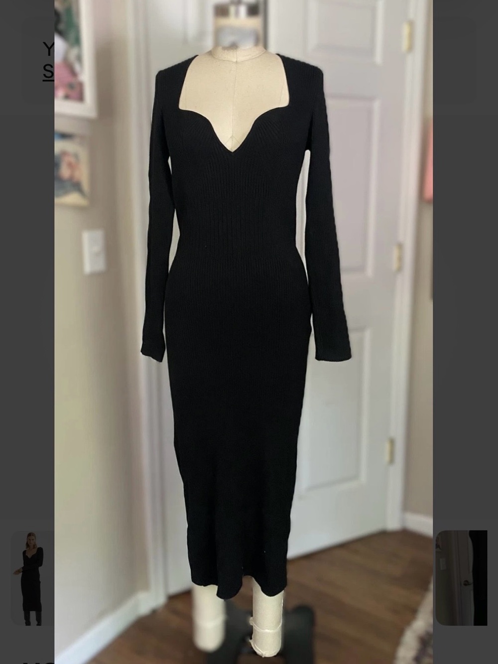 Black Ribbed Long-Sleeve Midi Dress with Sweetheart Neckline